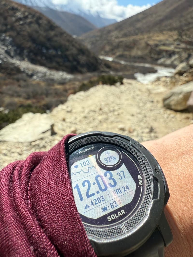 A Garmin watch on David’s wrist reading 12:03 and an altitude of 4203, above a rocky trail and a river valley